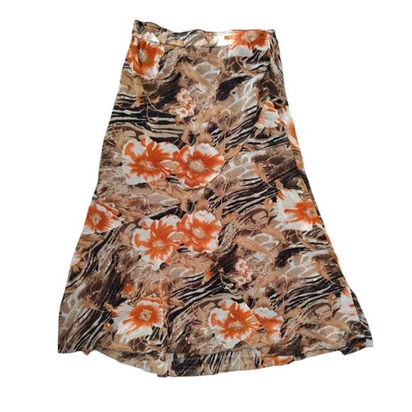 Vintage Brown Orange Metallic Floral Mesh Midi Lined Skirt *Fits Like Large - Picture 8 of 11